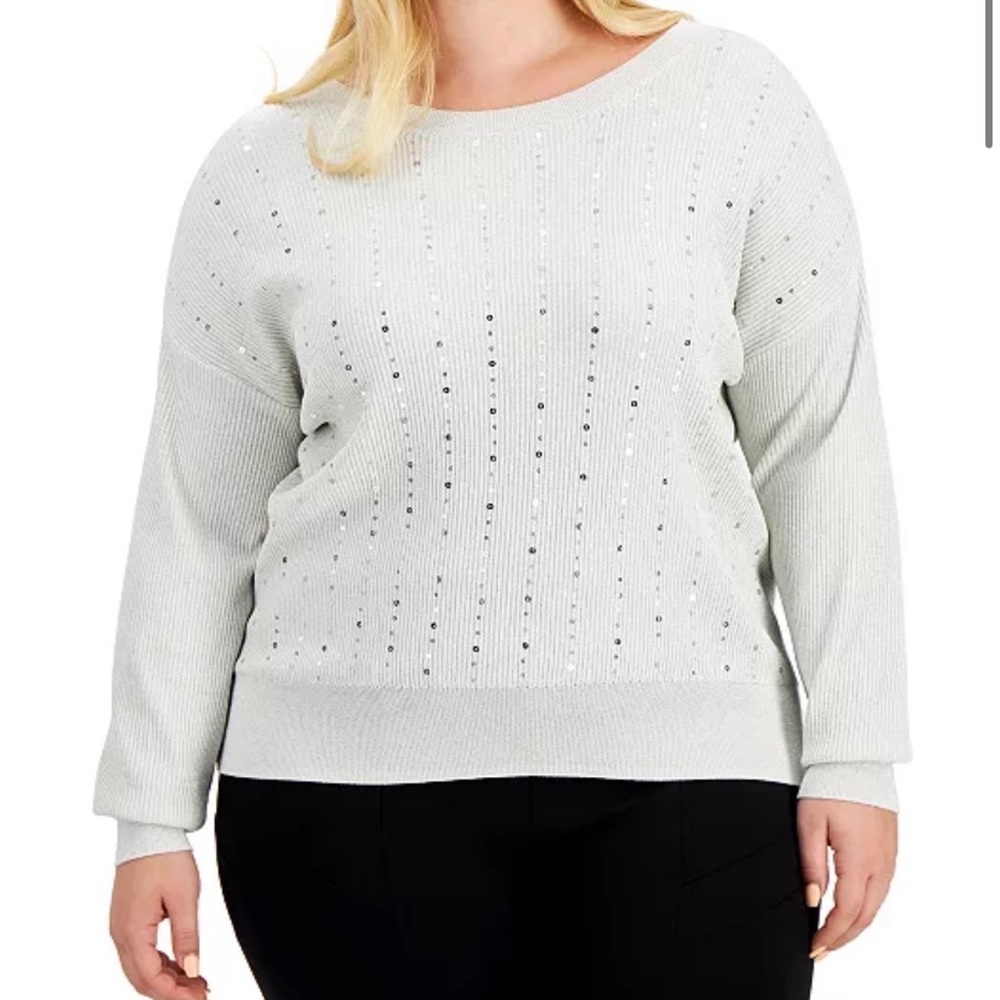 New Alfani Women’s Round Neck Silver Metallic Sequin Sweater Plus Size 1X